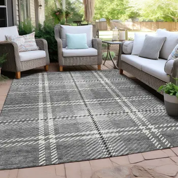 5' X 8' Gray Black And Ivory Plaid Washable Indoor Outdoor Area Rug
