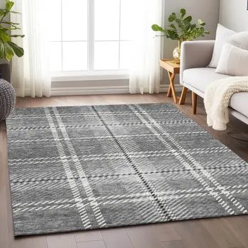 5' X 8' Gray Black And Ivory Plaid Washable Indoor Outdoor Area Rug