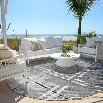 8' Gray Black And Ivory Round Plaid Washable Indoor Outdoor Area Rug