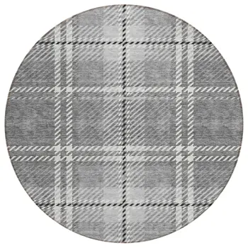 8' Gray Black And Ivory Round Plaid Washable Indoor Outdoor Area Rug