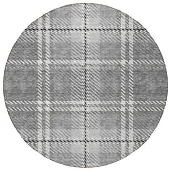 8' Gray Black And Ivory Round Plaid Washable Indoor Outdoor Area Rug