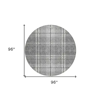 8' Gray Black And Ivory Round Plaid Washable Indoor Outdoor Area Rug