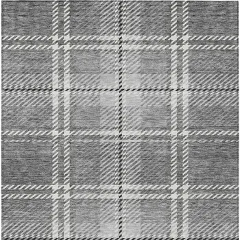 9' X 12' Gray Black And Ivory Plaid Washable Indoor Outdoor Area Rug