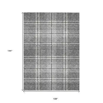 9' X 12' Gray Black And Ivory Plaid Washable Indoor Outdoor Area Rug