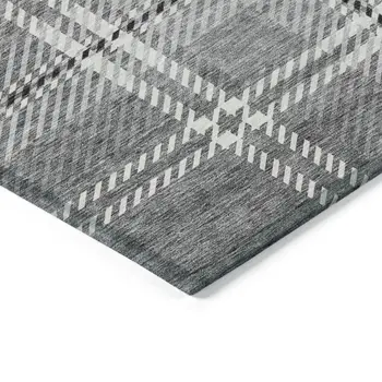 9' X 12' Gray Black And Ivory Plaid Washable Indoor Outdoor Area Rug
