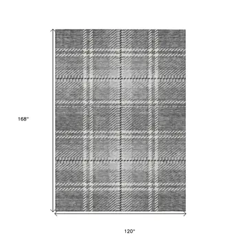 10' X 14' Gray Black And Ivory Plaid Washable Indoor Outdoor Area Rug