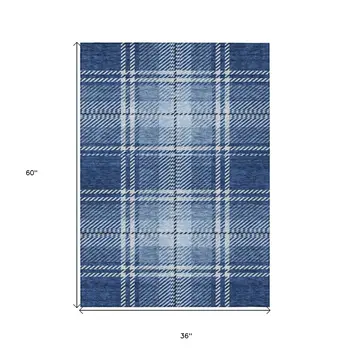 3' X 5' Navy Blue Black And Ivory Plaid Washable Indoor Outdoor Area Rug