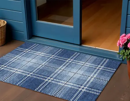 3' X 5' Navy Blue Black And Ivory Plaid Washable Indoor Outdoor Area Rug