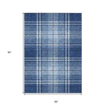 5' X 8' Navy Blue Black And Ivory Plaid Washable Indoor Outdoor Area Rug