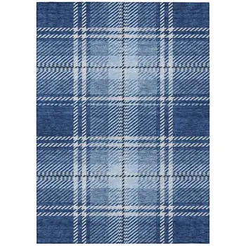 5' X 8' Navy Blue Black And Ivory Plaid Washable Indoor Outdoor Area Rug