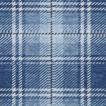 5' X 8' Navy Blue Black And Ivory Plaid Washable Indoor Outdoor Area Rug