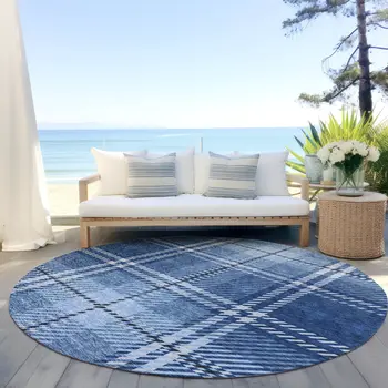 8' Navy Blue Black And Ivory Round Plaid Washable Indoor Outdoor Area Rug