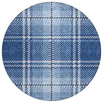 8' Navy Blue Black And Ivory Round Plaid Washable Indoor Outdoor Area Rug