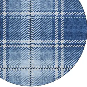 8' Navy Blue Black And Ivory Round Plaid Washable Indoor Outdoor Area Rug