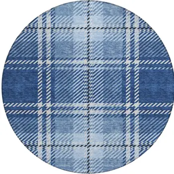 8' Navy Blue Black And Ivory Round Plaid Washable Indoor Outdoor Area Rug