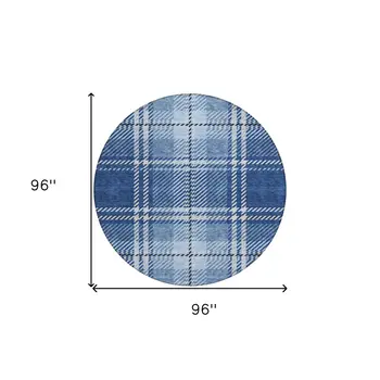 8' Navy Blue Black And Ivory Round Plaid Washable Indoor Outdoor Area Rug