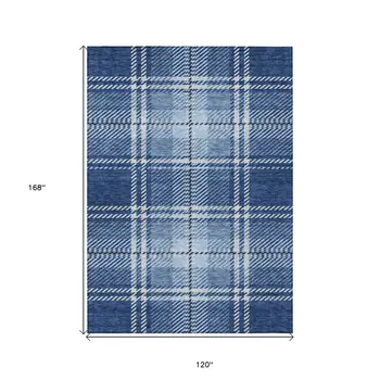 10' X 14' Navy Blue Black And Ivory Plaid Washable Indoor Outdoor Area Rug