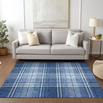 10' X 14' Navy Blue Black And Ivory Plaid Washable Indoor Outdoor Area Rug