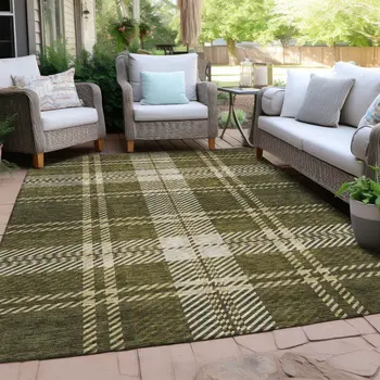 3' X 5' Olive Green Gold And Brown Plaid Washable Indoor Outdoor Area Rug