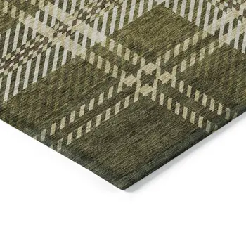 3' X 5' Olive Green Gold And Brown Plaid Washable Indoor Outdoor Area Rug