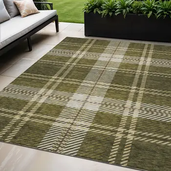 5' X 8' Olive Green Gold And Brown Plaid Washable Indoor Outdoor Area Rug