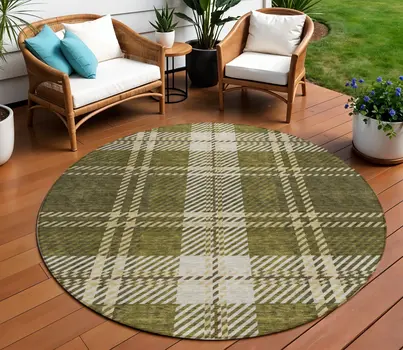 8' Olive Green Gold And Brown Round Plaid Washable Indoor Outdoor Area Rug