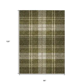 8' X 10' Olive Green Gold And Brown Plaid Washable Indoor Outdoor Area Rug