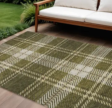 8' X 10' Olive Green Gold And Brown Plaid Washable Indoor Outdoor Area Rug