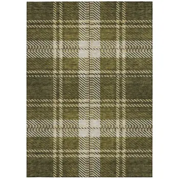 9' X 12' Olive Green Gold And Brown Plaid Washable Indoor Outdoor Area Rug
