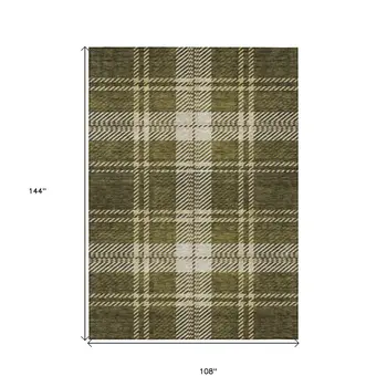 9' X 12' Olive Green Gold And Brown Plaid Washable Indoor Outdoor Area Rug