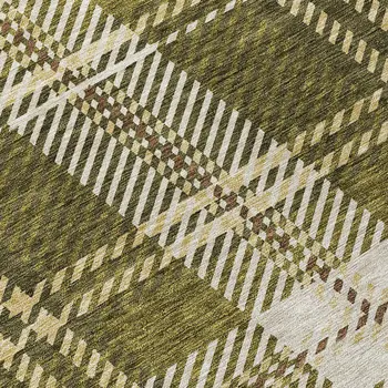9' X 12' Olive Green Gold And Brown Plaid Washable Indoor Outdoor Area Rug