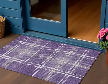 3' X 5' Purple Gold And Ivory Plaid Washable Indoor Outdoor Area Rug