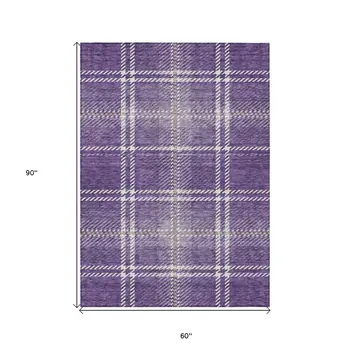 5' X 8' Purple Gold And Ivory Plaid Washable Indoor Outdoor Area Rug