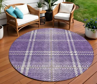 8' Purple Gold And Ivory Round Plaid Washable Indoor Outdoor Area Rug