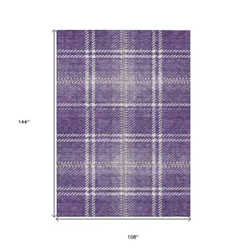 9' X 12' Purple Gold And Ivory Plaid Washable Indoor Outdoor Area Rug