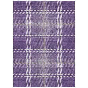9' X 12' Purple Gold And Ivory Plaid Washable Indoor Outdoor Area Rug