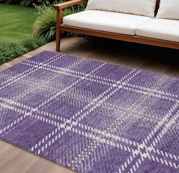 10' X 14' Purple Gold And Ivory Plaid Washable Indoor Outdoor Area Rug