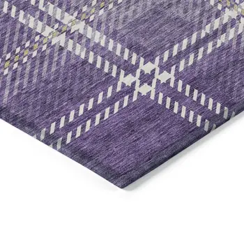 10' X 14' Purple Gold And Ivory Plaid Washable Indoor Outdoor Area Rug