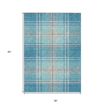 3' X 5' Teal Blue Gray And Brown Plaid Washable Indoor Outdoor Area Rug