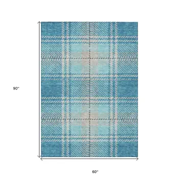 5' X 8' Teal Blue Gray And Brown Plaid Washable Indoor Outdoor Area Rug