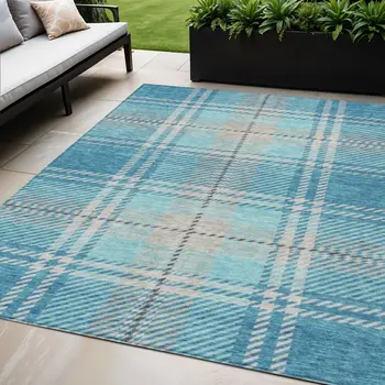 5' X 8' Teal Blue Gray And Brown Plaid Washable Indoor Outdoor Area Rug