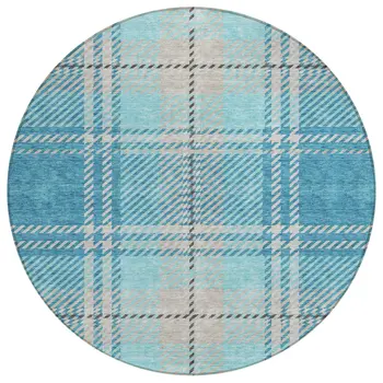 8' Teal Blue Gray And Brown Round Plaid Washable Indoor Outdoor Area Rug