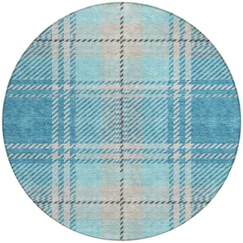 8' Teal Blue Gray And Brown Round Plaid Washable Indoor Outdoor Area Rug