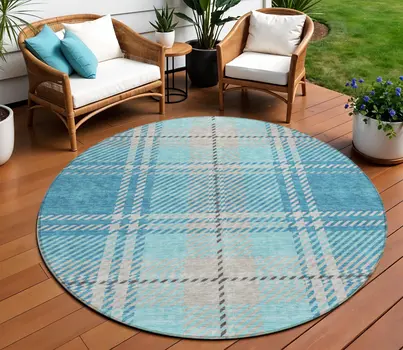 8' Teal Blue Gray And Brown Round Plaid Washable Indoor Outdoor Area Rug