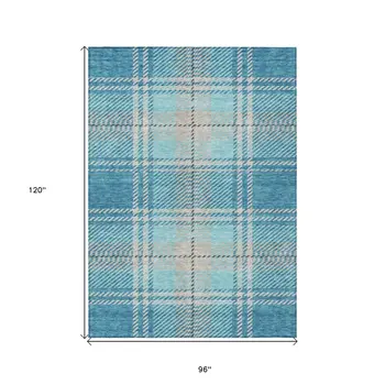8' X 10' Teal Blue Gray And Brown Plaid Washable Indoor Outdoor Area Rug