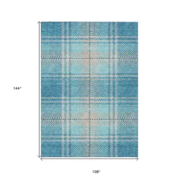 9' X 12' Teal Blue Gray And Brown Plaid Washable Indoor Outdoor Area Rug