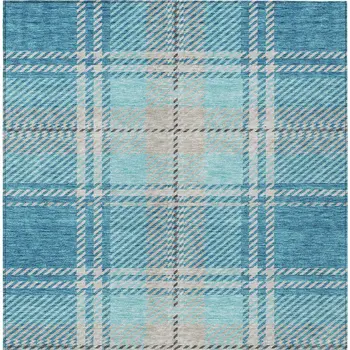 9' X 12' Teal Blue Gray And Brown Plaid Washable Indoor Outdoor Area Rug