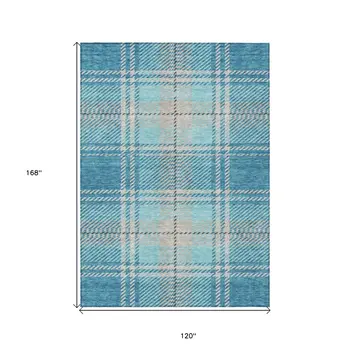 10' X 14' Teal Blue Gray And Brown Plaid Washable Indoor Outdoor Area Rug