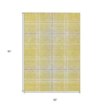 5' X 8' Yellow Black And Ivory Plaid Washable Indoor Outdoor Area Rug