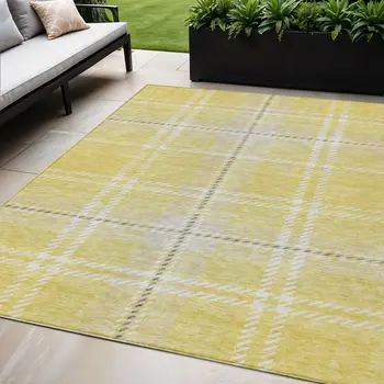 5' X 8' Yellow Black And Ivory Plaid Washable Indoor Outdoor Area Rug